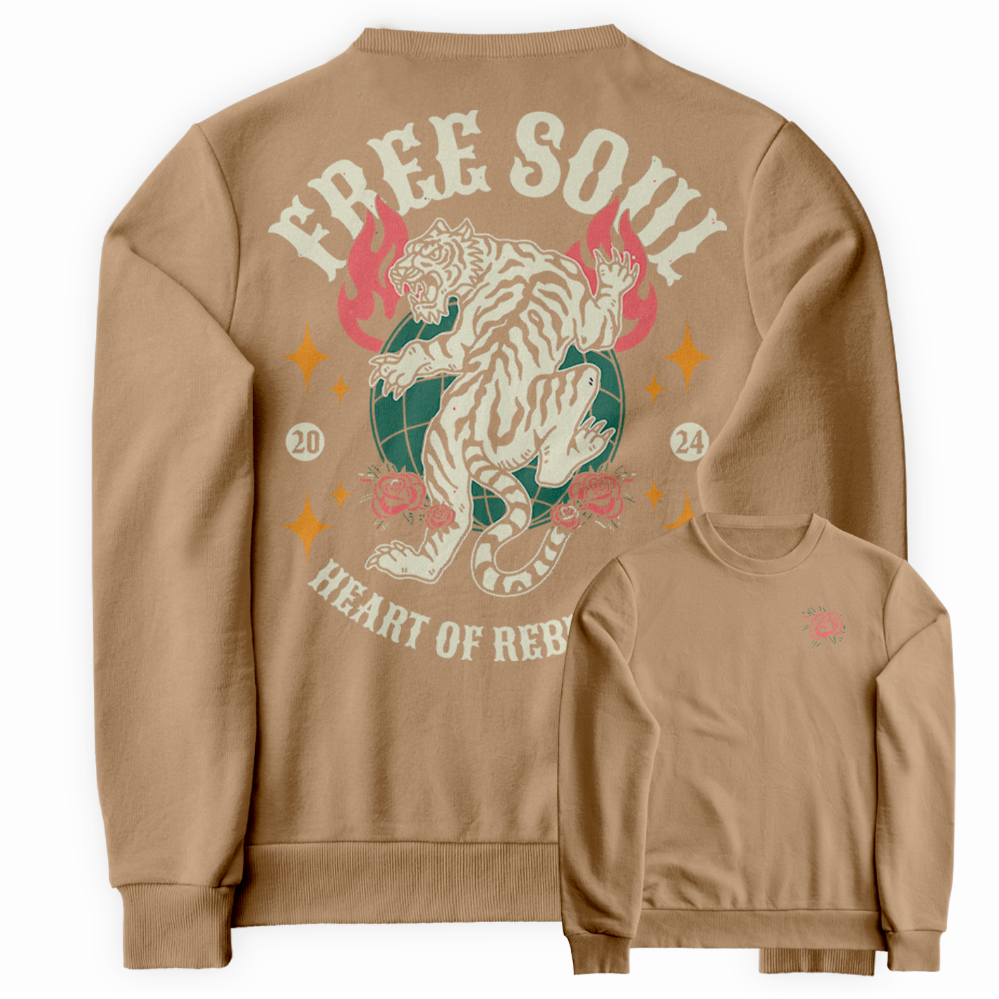 Blusa de Moletom Gola Redonda Free Soul Heart Of Rebellion Tiger Roses Fire
