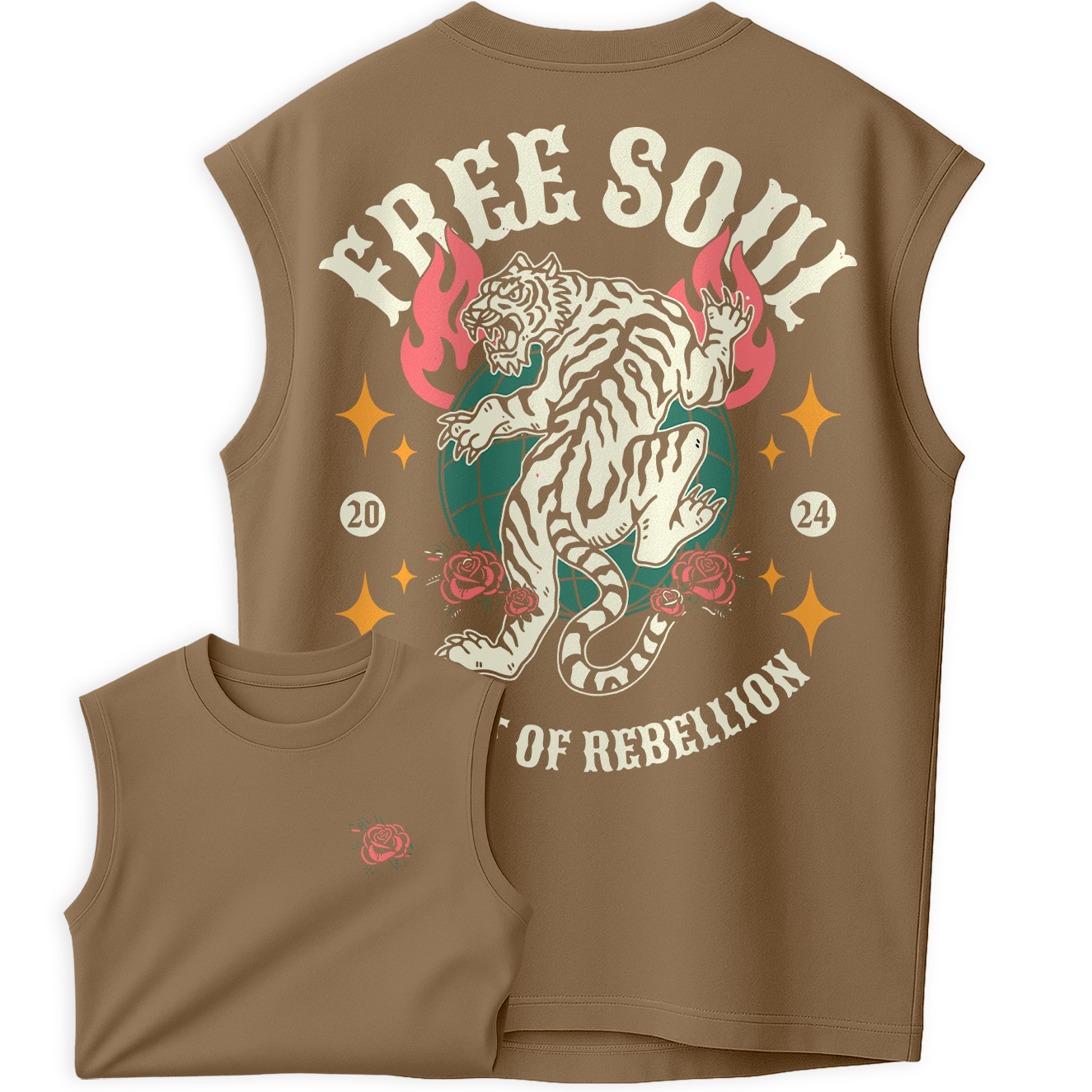 Regata Oversized Free Soul Heart Of Rebellion Tiger Roses Fire