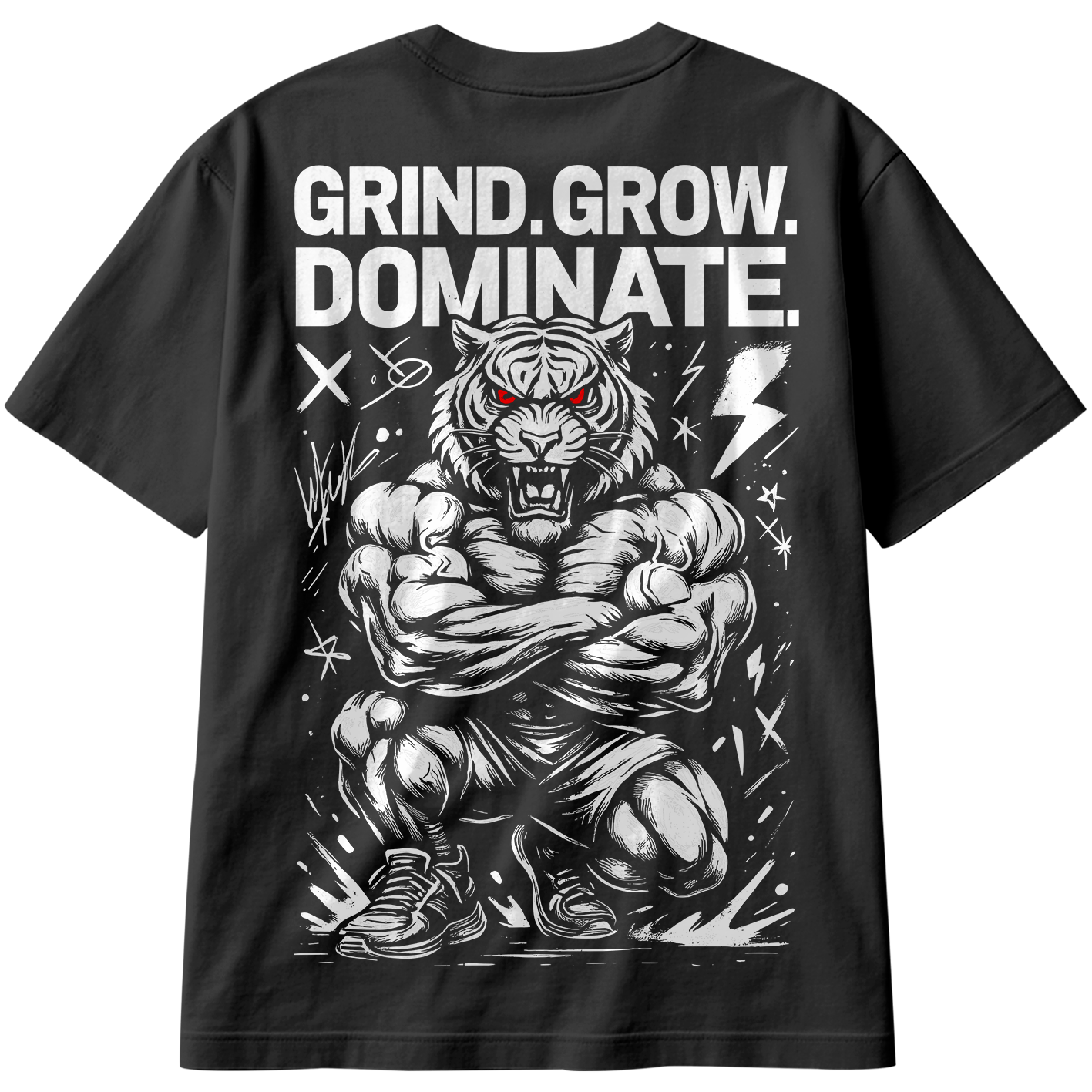 Camiseta Oversized Grind Grow Dominate Tiger Train Hard Bodybuilder