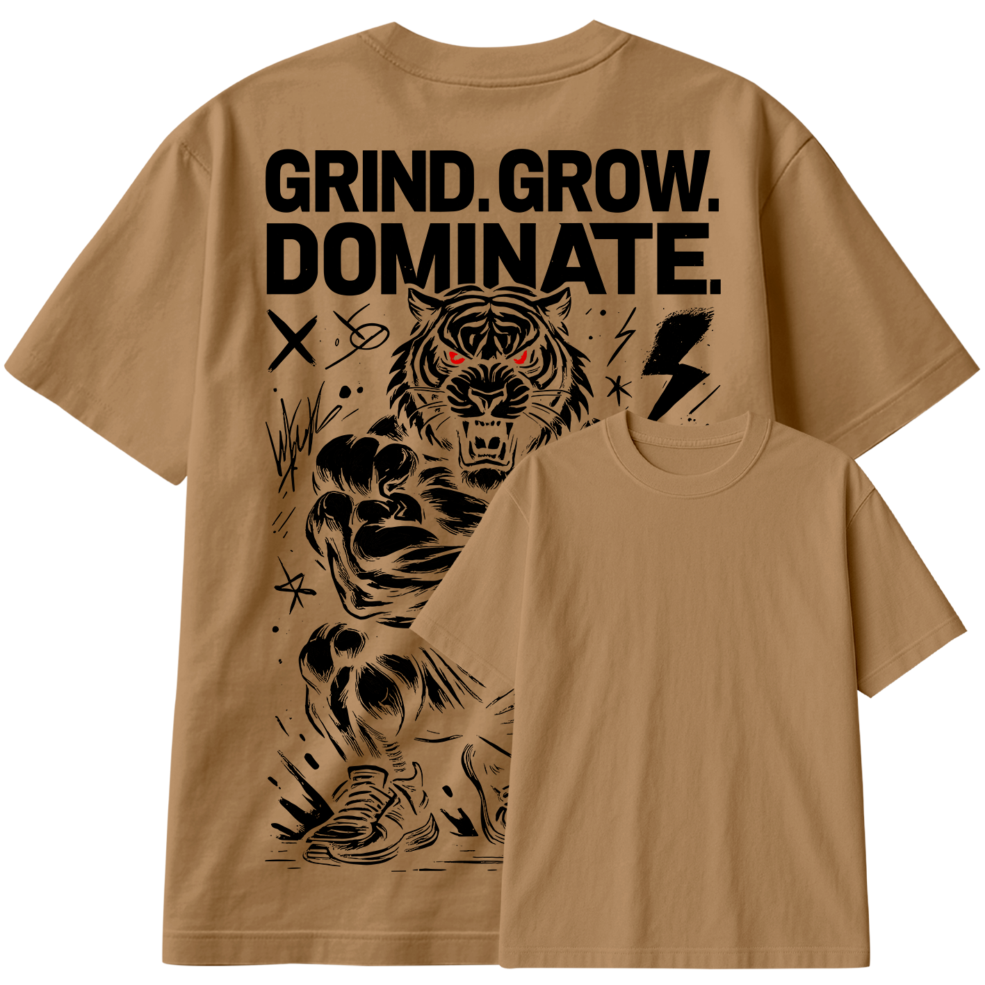 Camiseta Oversized Grind Grow Dominate Tiger Train Hard Bodybuilder