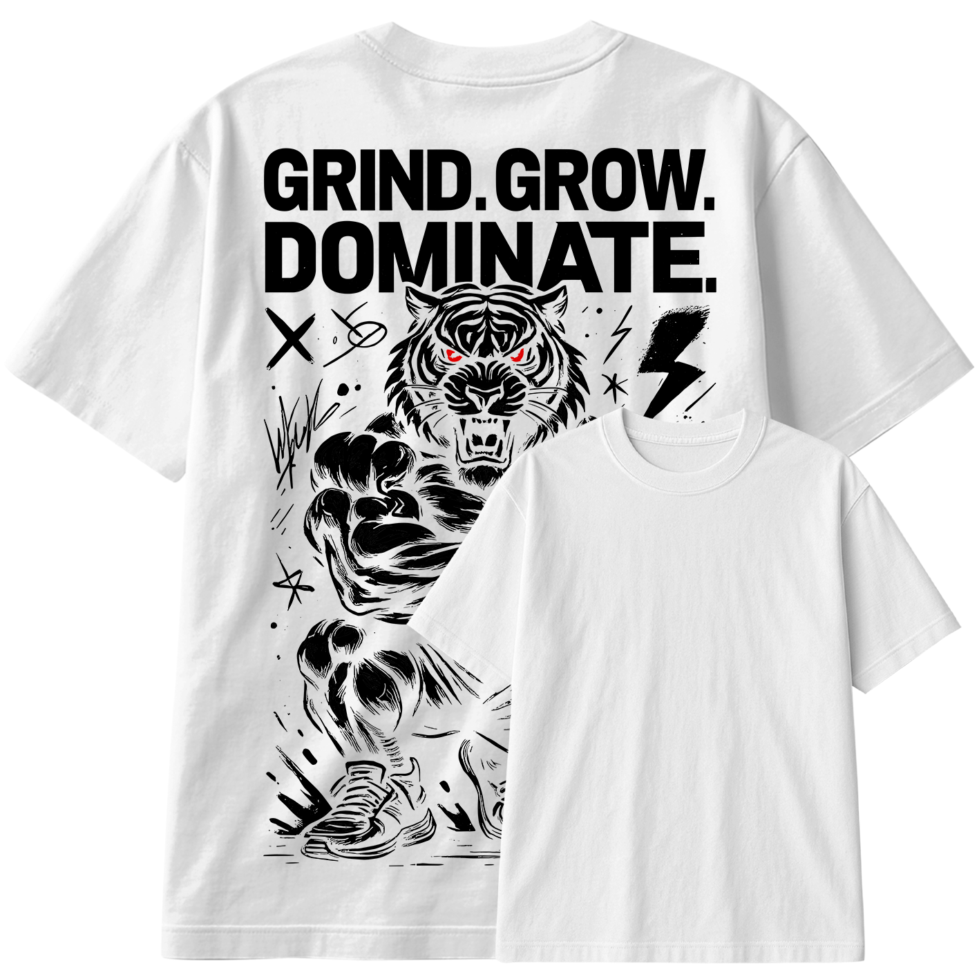 Camiseta Oversized Grind Grow Dominate Tiger Train Hard Bodybuilder