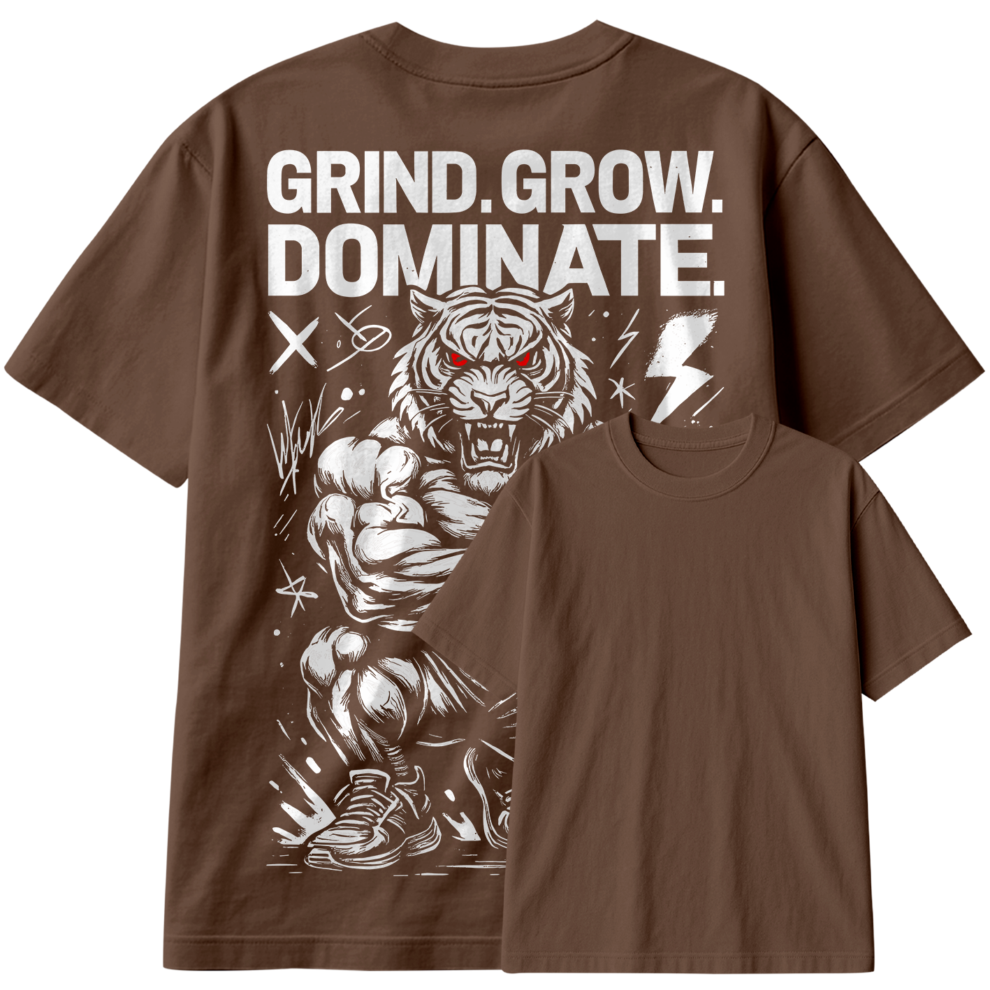 Camiseta Oversized Grind Grow Dominate Tiger Train Hard Bodybuilder