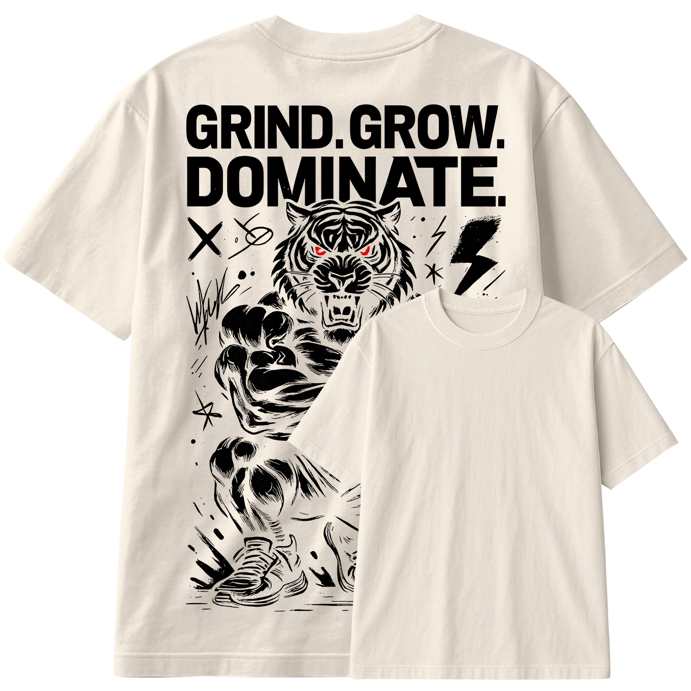 Camiseta Oversized Grind Grow Dominate Tiger Train Hard Bodybuilder