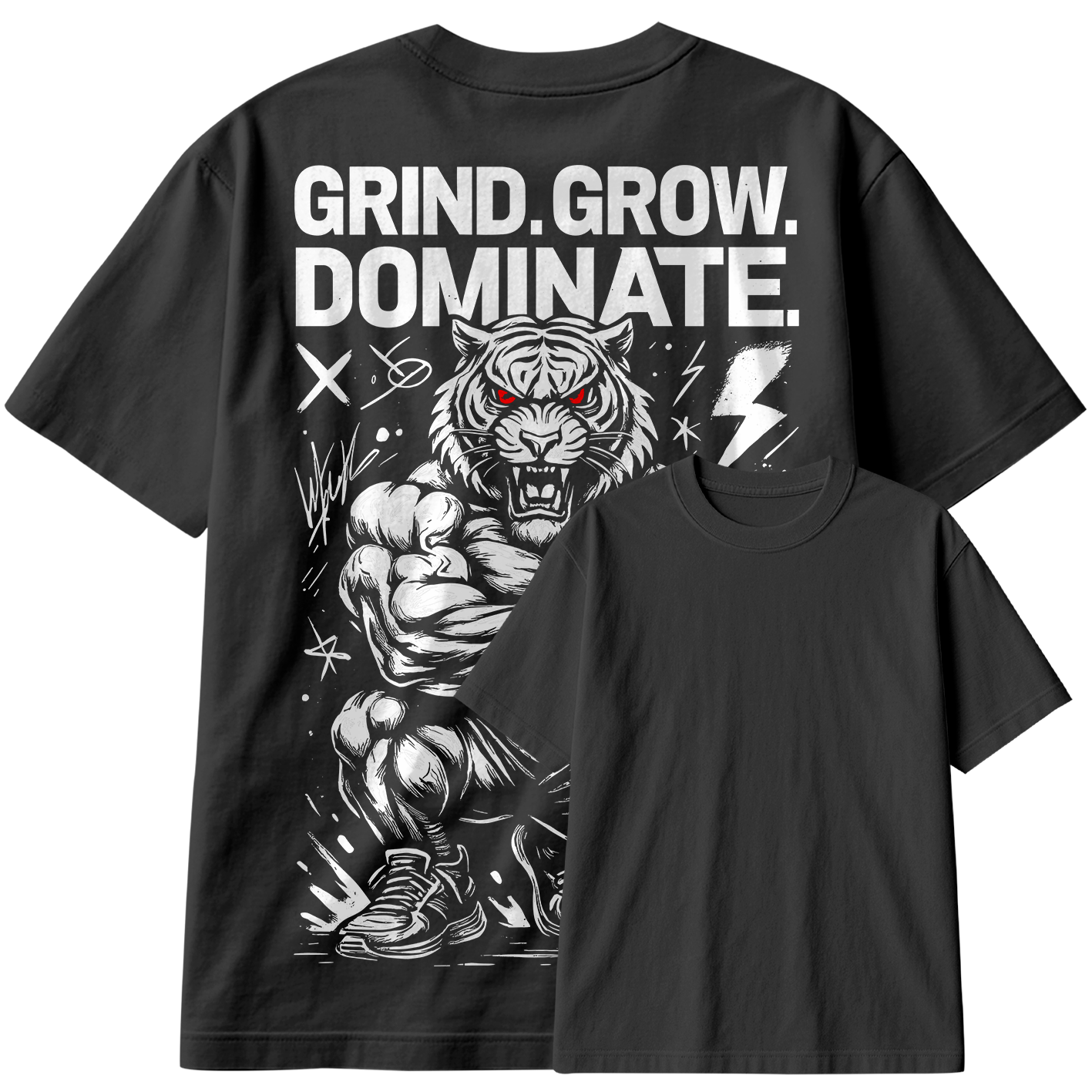 Camiseta Oversized Grind Grow Dominate Tiger Train Hard Bodybuilder