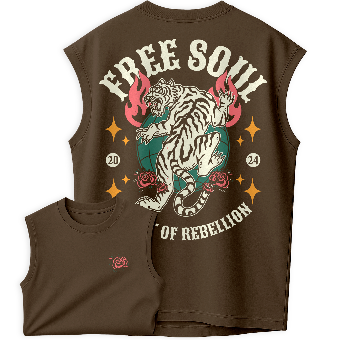 Regata Oversized Free Soul Heart Of Rebellion Tiger Roses Fire