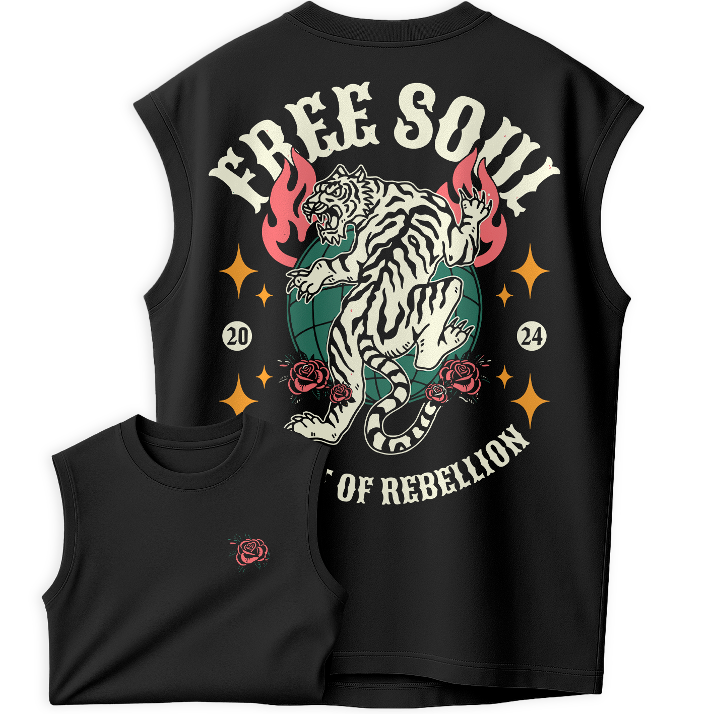 Regata Oversized Free Soul Heart Of Rebellion Tiger Roses Fire