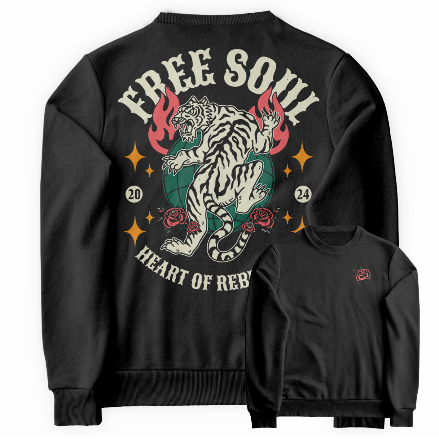 Blusa de Moletom Gola Redonda Free Soul Heart Of Rebellion Tiger Roses Fire
